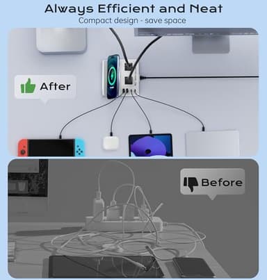 USB Charging Station for Multiple Devices Apple, TOPOINT 7 in 1 Power Strip with Wireless Charger for iPhone, 65W Fast Charging USB C Charger Block Phone for Samsung Android MacBook iPad Tablet - Image 6