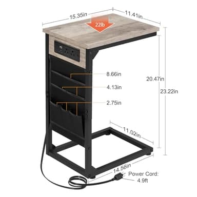AMHANCIBLE C Shaped End Table with Charging Station, TV Tray Set of 2, Couch Tables with Storage Bag, Slide Under Sofa Side Table with USB Ports and Outlets for Living Room, Grey HET04CGY - Image 3