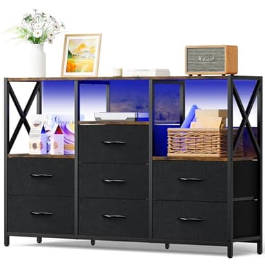 Decofy Black Dresser for Bedroom, 55 inch TV Stand with Charging Station & LED Lights, 8 Fabric Drawers with Solid Wood Top for Living Room, Closet - Image 1