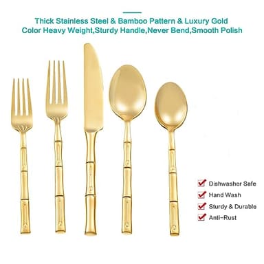 Flatasy Silverware Set Gold Flatware Set Stainless Steel Bamboo Handle Cutlery Set Mirror Polished 60 Pieces for Home Kitchen Restaurant Hotel Wedding Housewarming Gift Service for 12 - Image 6