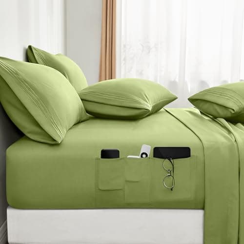 BYSURE 6 Pieces Bed Sheets Set with Pockets on Side(King, Sage Green), Sweat-Wicking Breathable Sheets, 16-inch Super Soft Hotel Embroidered Microfiber Sheet Set - Image 1