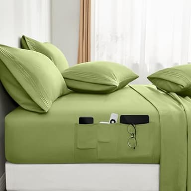 BYSURE 6 Pieces Bed Sheets Set with Pockets on Side(King, Sage Green), Sweat-Wicking Breathable Sheets, 16-inch Super Soft Hotel Embroidered Microfiber Sheet Set - Image 1