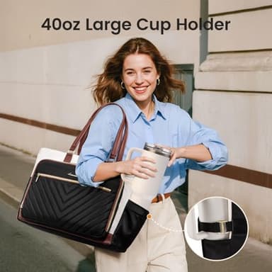 LOVEVOOK Teacher Tote Bag for Women, Work Bags Laptop Bag with Large Cup Holder, Quilted Nurse Bag Diaper Tote with Multi-Pockets, Large Computer Handbag Purse for Bussiness Travel, Office, College - Image 2