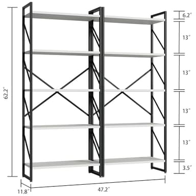 Shintenchi 2-Tier Bookshelf: Tall Industrial Bookcase for Living Room/Home/Office, Modern Book Holder with Storage Rack Shelves - White - Image 2