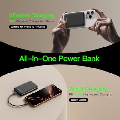 2025 Magnetic 15W Power Bank for iPhone,5000mAh Magsafe Battery Pack with 20w Fast Charging,Slim Magsafe Power Bank in&Out,with LED Display,Wireless Portable Charger for iPhone17/16/15/14/13/12 Series - Image 3
