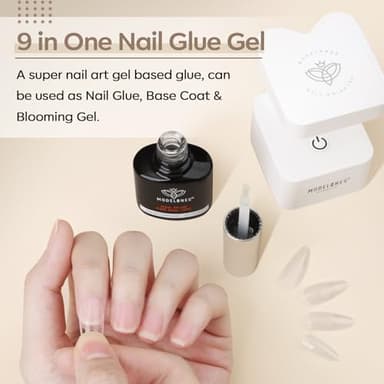 modelones 9 in One Gel Nail Glue Brush On Nail Glue 15 ml for Tips, Rhinestones, Base Coat, Blooming Art Gel Kit for Press on Nails Acrylic Tips U V Lamp Needed 2Pcs - Image 4