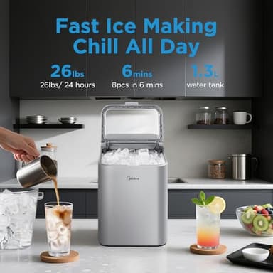 Midea MERI26B1AGY Ice Maker Countertop, 26lbs Portable Ice Maker, 8 Cubes Ready in 6 Mins, Self-Cleaning with Ice Basket and Scoop, 2 Sizes of Bullet Ice for Home, Camping, Office, Party - Image 2