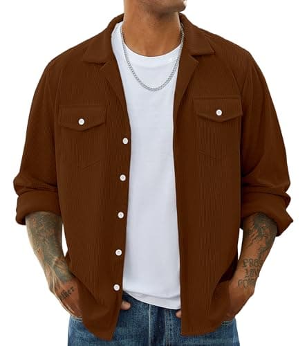 hawalili Mens Corduroy Jacket Shirts Long Sleeve Button Down Shacket Jacket with Flap Pockets Brown X-Large - Image 1