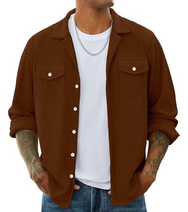 hawalili Mens Corduroy Jacket Shirts Long Sleeve Button Down Shacket Jacket with Flap Pockets Brown X-Large - Image 1