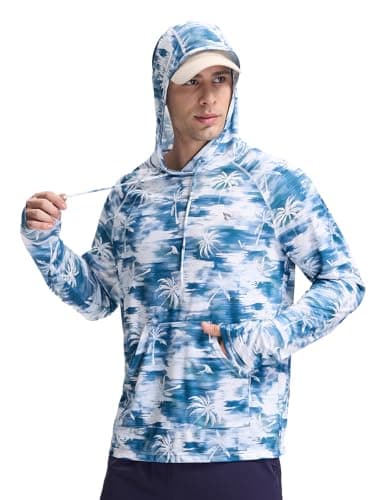 baleaf Swim Shirts Men Rash Guard Long Sleeve Sun Protection Hoodie UV Lightweight Athletic Running with Kangaroo Pocket Blue Coconut L - Image 1