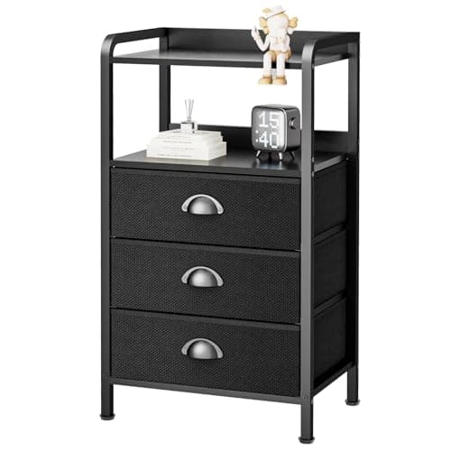 Jixlantuc Night Stand Bedside Table Bedroom Nightstand with Open Shelf Bed Side Table with Fabric Drawers End Table with 3 Drawer Storage Night Stands for Living Room Rustic Brown Black - Image 1