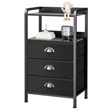 Jixlantuc Night Stand Bedside Table Bedroom Nightstand with Open Shelf Bed Side Table with Fabric Drawers End Table with 3 Drawer Storage Night Stands for Living Room Rustic Brown Black - Image 1