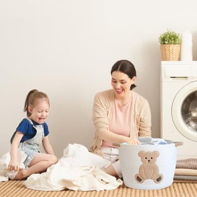 INough Cotton Rope Basket Toy Storage Baskets for kids Laundry Hamper, Gift Basket Empty Baby Shower Baskets with Handles, Cute Bins Blanket Stuffed Animal Storage for Nursery, Living Room Decor, Bear - Image 3