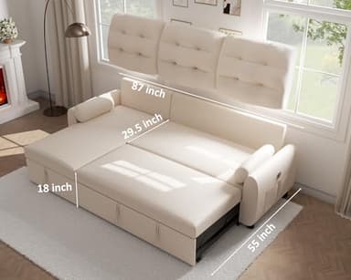 Ucloveria Sectional Sofa Couch, 87" Sleeper Sofa Bed with Reversible Storage Chaise Pull Out Couch for Living Room | Side Pocket | Charging Station | Removable Backrest | Linen Fabric, Beige - Image 2