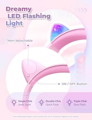 iClever Kids Headphones with Cat Ear Led Light Up, Safe Volume Limite, FunShare, Foldable, Over-Ear Headphones for Kids for School/iPad/Tablet/Travel, Meow Donut-Pink - Image 3