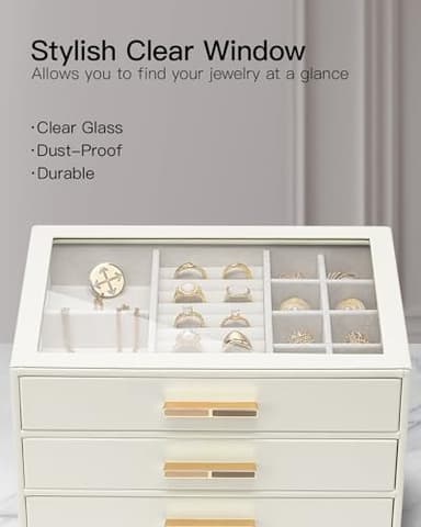 Vlando Jewelry Box for Women, Glass Lid Jewelry Organizer with 3 Drawers for Necklaces Rings Earrings Bracelets Mother Day Gift for Mom - Cloud White - Image 4