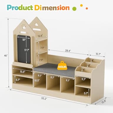 MU Kids Bookshelf with Reading Nook, Wooden Toy Storage Organizer with Chalkboard and Bench, Kids Reading Nook for Boys & Girls, Toddler Toy Shelf for Bedroom, Nursery, Playroom, Natural Oak - Image 2