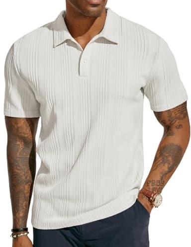 PJ PAUL JONES Mens Textured Knit Polo Shirts Regular Fit Stretchy Short Sleeve Golf Shirts White - Image 1