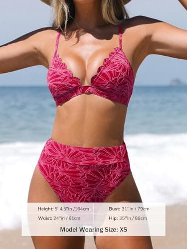 CUPSHE Bikini Sets for Women Bathing Suit High Waisted Scalloped V Neck Two Pieces Swimsuit,M Fuchsia Red - Image 3