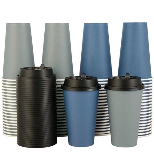 LITOPAK 100 Pack 16 oz Disposable Paper Coffee Cups with Lids for Coffee, Water, Juice, or Tea, Blue and Gray Hot Paper Cups for Home, Restaurant, Store, and Cafe - Image 1