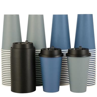 LITOPAK 100 Pack 16 oz Disposable Paper Coffee Cups with Lids for Coffee, Water, Juice, or Tea, Blue and Gray Hot Paper Cups for Home, Restaurant, Store, and Cafe - Image 1