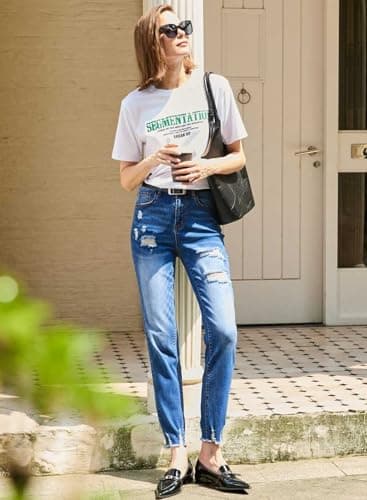EVALESS Jeans for Women High Waisted Stretchy Ripped Distressed Tummy Control Straight Ankle Jean Capris 2025 Blue Size 14 - Image 5