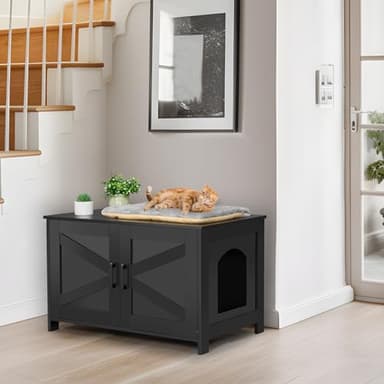 Homhedy Cat Litter Box Enclosure, Wooden Cat Washroom Furniture with Barn Door, Pet House, Fit Most of Litter Box, Black - Image 7