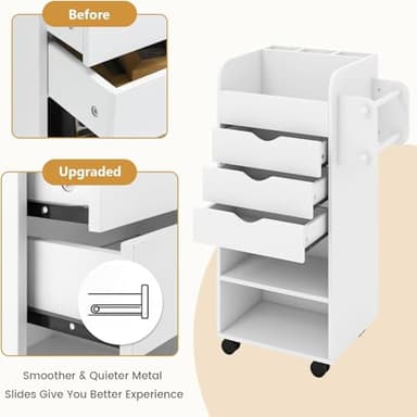 Nightcore Rolling Storage Drawer Cart, Mobile Chest of Drawers, 3 Shelves, 3 Slots, 2 Rolling Rods, Organizer Cabinet w/Lockable Casters, Wide Storage Space for Home Office, Living Room, Study (White) - Image 9