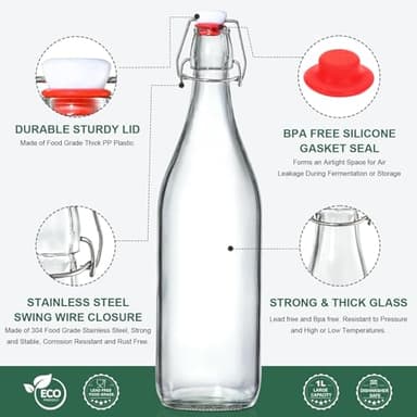 8 Pack [1 L / 33 fl. oz.] Swing Top Glass Bottles w/Airtight Stopper Lids – Flip Top Brewing Bottle for Fermentation, Kombucha, Mead, Vinegar, Beer, Kefir, Wine, Soda – With 8 Extra Seals & 2 Pourers - Image 3