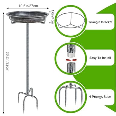 KHayRovies Metal Bird Bath for Outdoors Garden Birdbath Bowl, 36.2" Height Freestanding Bird Feeders for Outside with 4 Prongs Base Stake, Standing Birdfeeders for Yard Lawn Decor (Retro Silver) - Image 2