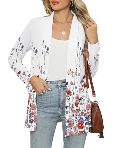 Micoson Women's Casual Lightweight Thin Long Sleeves Cardigans Soft Drape Open Front Fall Dusters Floral White Pink L - Image 1