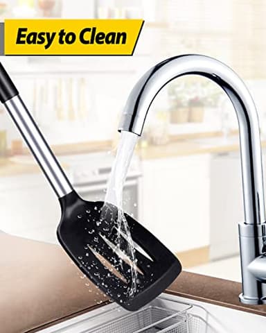 Pack of 2 Silicone Solid Turner, Non Stick Slotted Kitchen Spatulas, High Heat Resistant BPA Free Cooking Utensils, Ideal Cookware for Fish, Eggs, Pancakes(Black) - Image 6