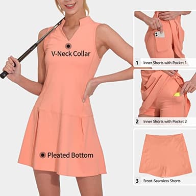 M MOTEEPI Golf Dresses for Women - Tennis Dress with Separate Shorts Workout Athletic V Neck Golf Dress Pockets Orange Small - Image 5