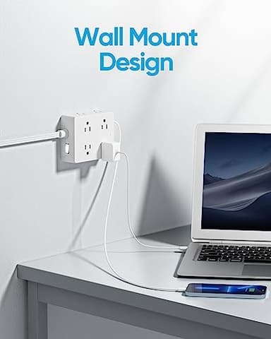 Surge Protector Power Strip 10 ft Cord, Olcorife Ultra Thin Flat Plug Extension Cord, 8 Outlets 4 USB Ports(1 USB C), Flat Plug Outlet Extender, College Dorm Room Essentials, White - Image 6