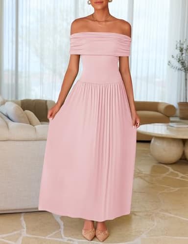 ZESICA Women's Off The Shoulder Maxi Dress 2025 Summer Sleeveless Casual Slim Swing Pleated Formal Party Dresses,Pink,Small - Image 5