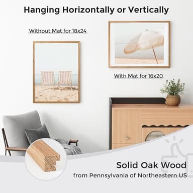 Axeman 18x24 Poster Frame with Mat for 16x20, Solid Oak Wood Picture Frame with Tempered Glass, Wooden 18''x24'' Minimalist Photo Frame with Free Wall Hooks for Art Photo and Prints, Natural - Image 3