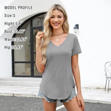 Elesomo Women Tops Casual Short Sleeve V Neck Curved Hem Cotton Tee Shirts, Grey XL - Image 2