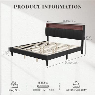 YITAHOME King Size Bed Frame, LED Bed Frame with Storage Upholstered Headboard, Platform Bed with Outlet & USB Ports, No Box Spring Needed, Easy Assembly, Black - Image 2