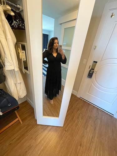 BLENCOT Women's Casual Boho Solid Color Deep V Neck Loose Long Sleeve Long Evening Dress Ruched Cocktail Party Maxi Wedding Dress Black X-Large - Image 4