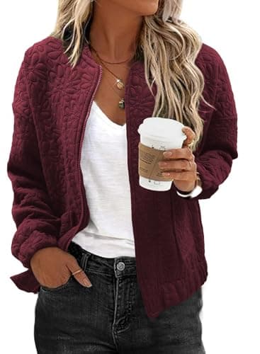EVALESS Spring Bomber Jackets for Women Dressy Casual Summer Clothes Trendy 2025 Holiday Outfits Cute Jacquard Jackets Long Sleeve Zip Up Cropped Red Jeacket Lightweight Coat with Pockets, Medium - Image 1