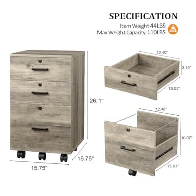 VINGLI 3-Drawer File Cabinet with Lock, Wood Rolling Under Desk File Cabinets for Home Office, Mobile Printer Stand & Filing Organizer for Letter Sized Files, 26" H(Caster Included), Rustic Gray - Image 3