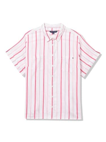 Tommy Hilfiger Womens Button Up Striped Short Sleeve Sportswear Top, Azalea Multi, 0X - Image 1