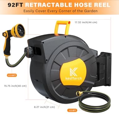 Retractable Hose Reel, 1/2 Inch x 98 FT Compact Water Hose Reel Wall Mounted Garden Hose Reel with 10 Pattern Nozzles, Any Length Lock, Slow Rewind Storage, 180°Swivel Bracket - Image 3