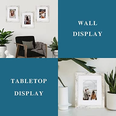 Hongkee 8x10 Picture Frame Set of 4, Made of Real Glass and Distressed White Wooden Frame, 8 by 10 Photo for Wall or Tabletop - Display Picture 5x7 with Mat or 8x10 Without Mat - Image 4