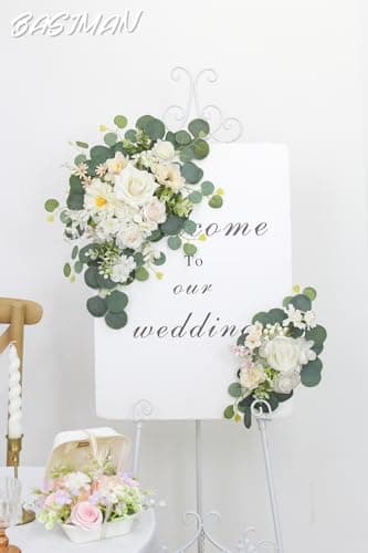 BASIMAN 2pcs Wedding Arch Flowers,Wedding Artificial Sign Flower,Welcome Easel Door Decor Wall swags for Reception Backdrop Table Decorations Welcome Sign (Champagne White) - Image 3