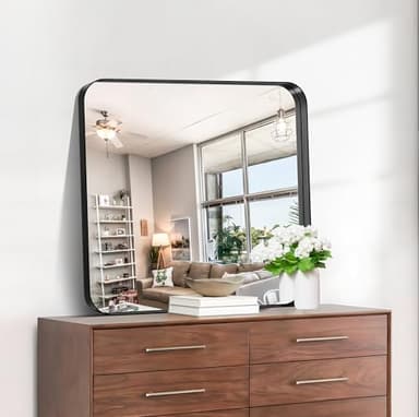 CIRCUMI Black Bathroom Mirror, 30"x30" Rectangular Mirror with Deep Metal Frame, Rounded Corner, Tempered Glass, Square Mirror for Wall, Oversink, Bedroom, Living Room, Vanity, Entryway, Crystal-Clear - Image 3
