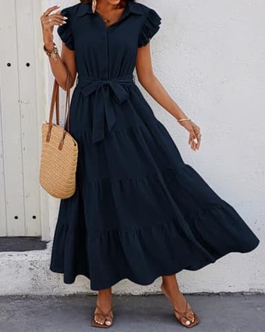 dowerme Women's Summer Casual Dresses 2025 Cap Ruffle Sleeve V Neck Button Belted Tiered Boho Maxi Dress with Pockets(Navy,Large) - Image 3