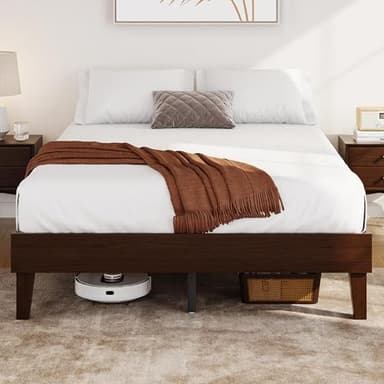 Yaheetech Queen Bed Frame Natural Solid Wood Platform Bed with Wooden Slats Support, 12-inch Underbed Space for Storage, Noise-Free Design, Easy Assembly, Dark Walnut Finish - Image 3