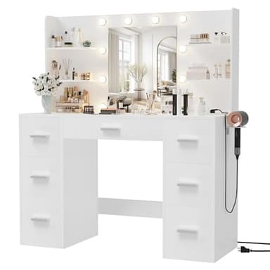 Furmax Vanity Desk with Mirror, LED Lights and Power Outlet Makeup Vanity Table with 7 Drawers and 6 Storage Shelves Dressing Table for Bedroom Dressing Room (White) - Image 1