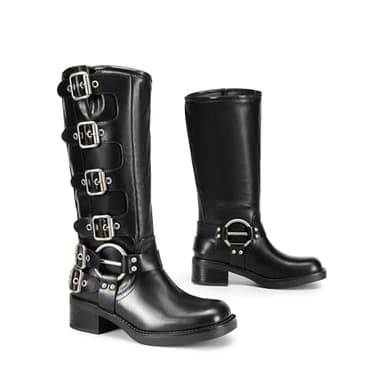 DREAM PAIRS Women's Knee High Riding Boots Side Zipper Motorcycle Boots Square Toe Chunky Heel Fashion Buckles Biker Boots,Size 7.5,Black,SDKB2416W - Image 4